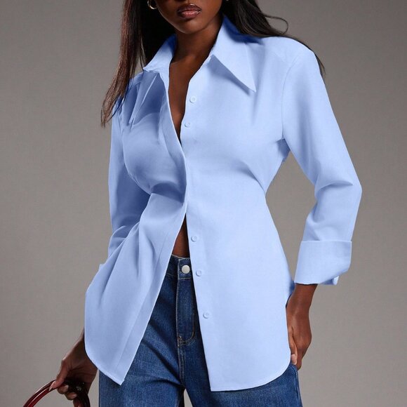 Tops - Blue Casual Women's Long Sleeve Button Up Top